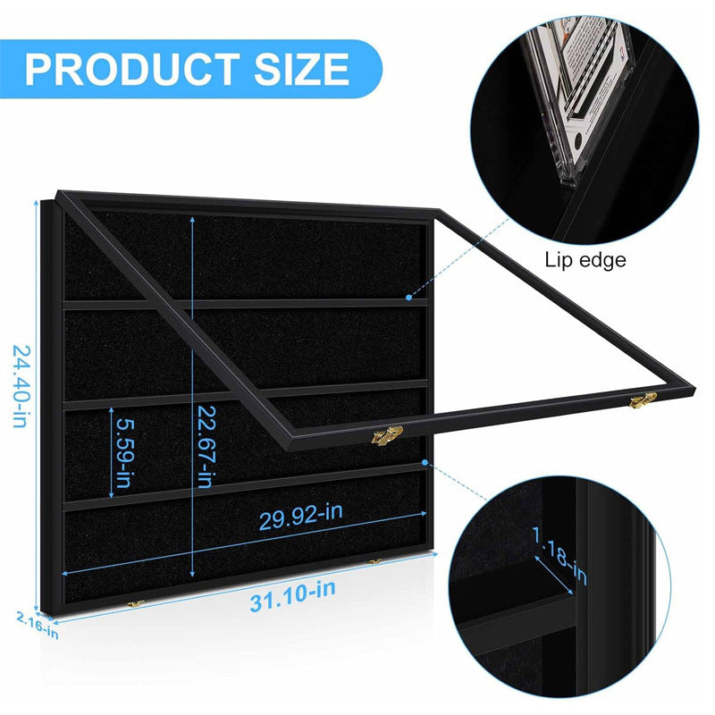 Wood-framed sports card display case mounted on wall