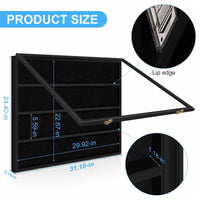 Wood-framed sports card display case mounted on wall