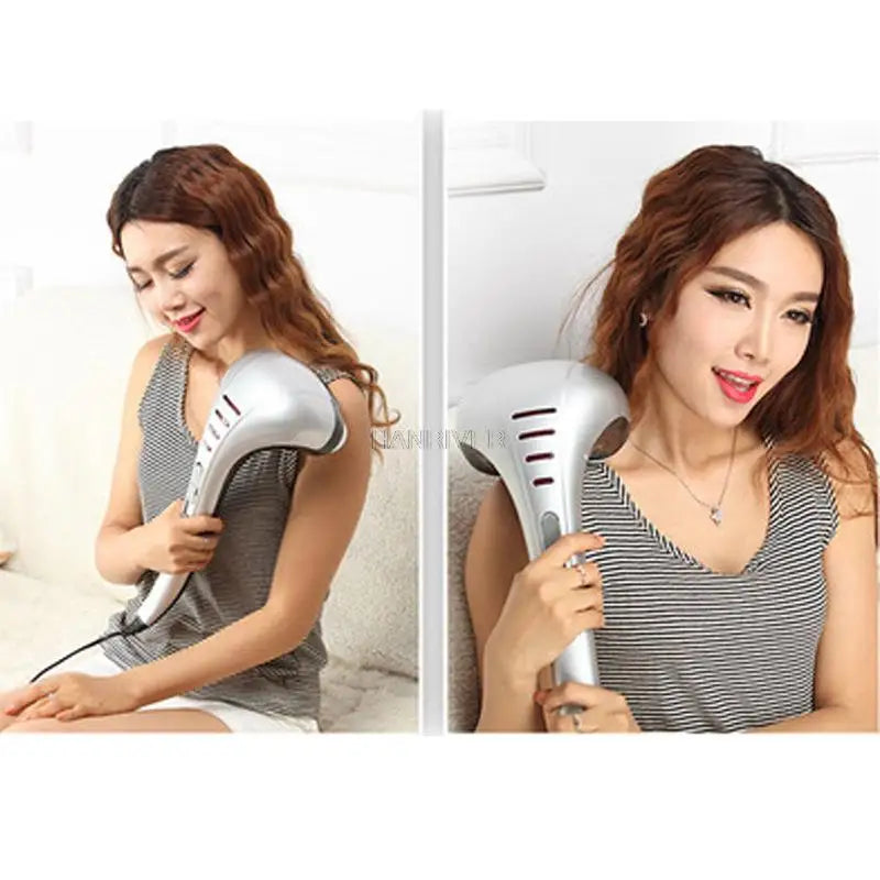 Handheld meridian massage hammer for neck and back pain relief – electric tapping stick massager.








