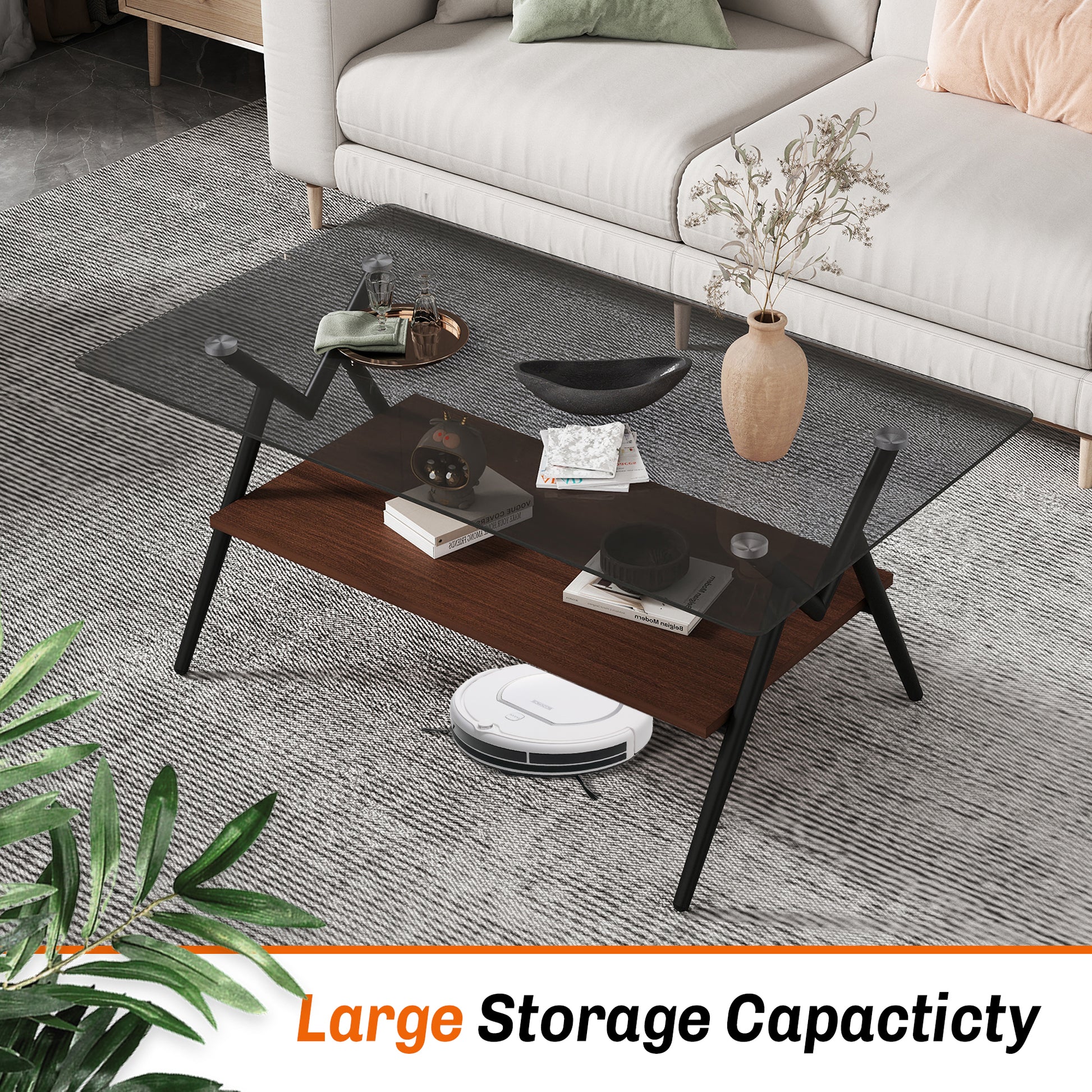 Rectangular coffee table with gray glass top and brown MDF shelf