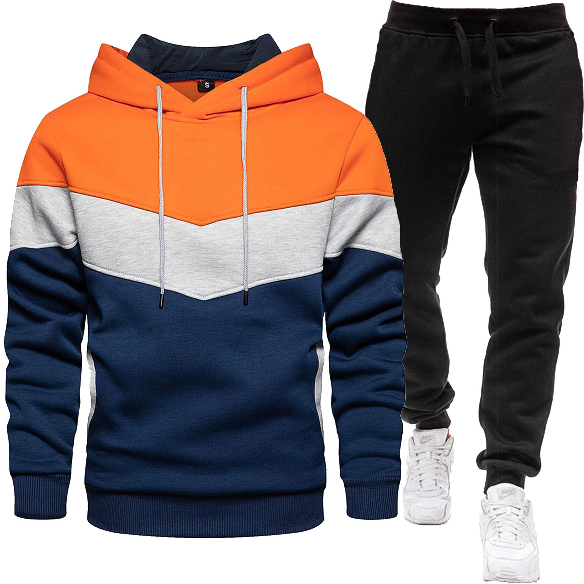 Men's three-color hoodie and jogger pants two-piece set, front view

