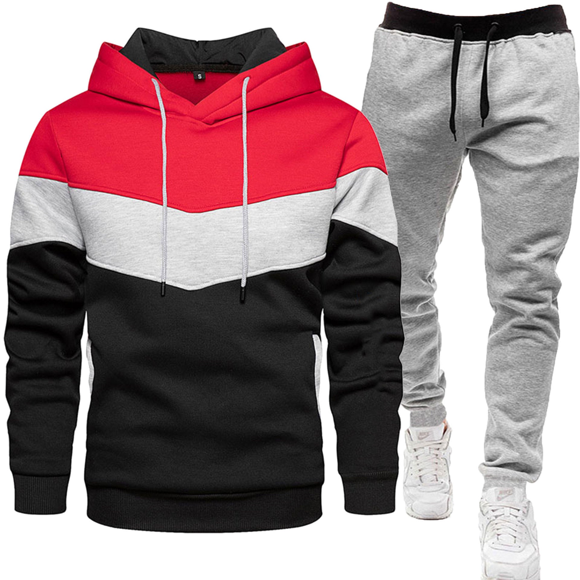 Men's three-color hoodie and jogger pants two-piece set, front view


