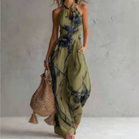 New halter backless jumpsuit, blue and white tie-dye wide-leg pants, summer beach women's wear Hot Deal Warehouse