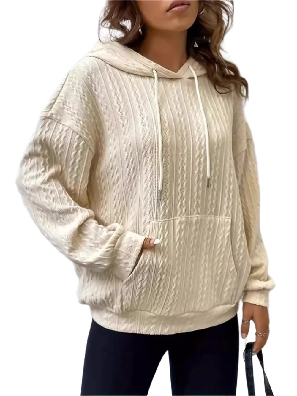 Women’s hooded knit sweater with pit stripe texture and kangaroo pocket in a relaxed fit.








