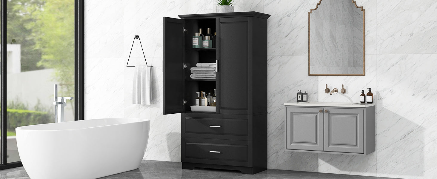 Black MDF tall bathroom storage cabinet with two doors and drawers