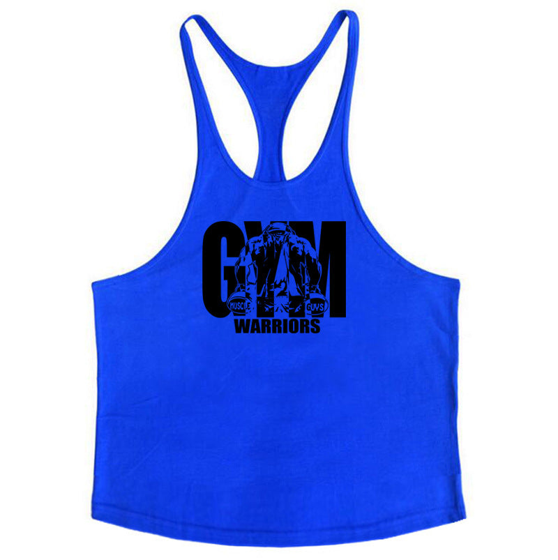 GYM WARRIORS cotton fitness vest, featuring a deep digging design and thin shoulder straps. This lightweight, breathable shirt is perfect for intense workouts, providing comfort and flexibility while showcasing a sporty, stylish look