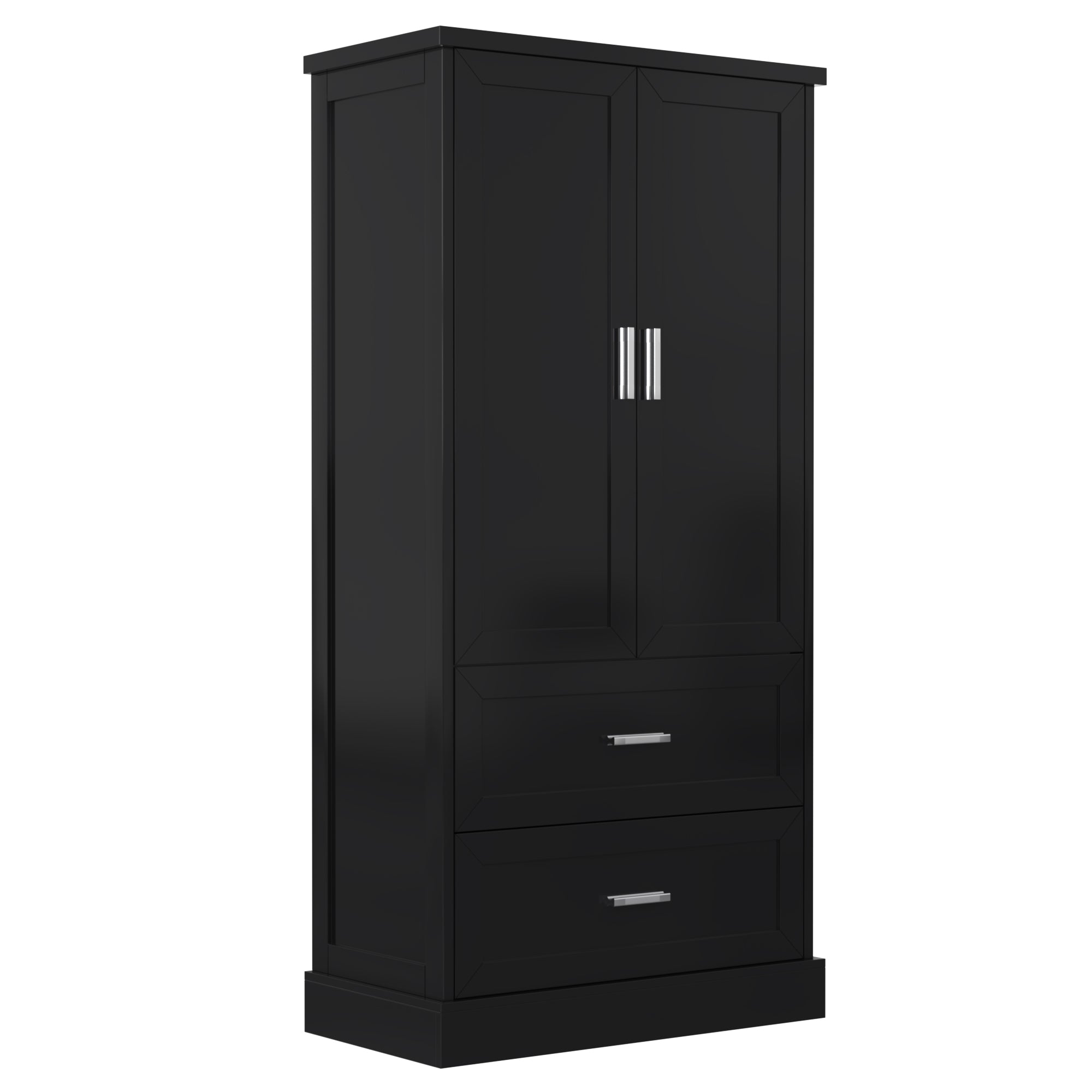 Tall black bathroom storage cabinet with doors and drawers