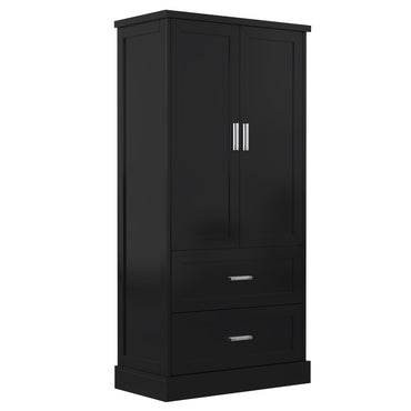 Tall black bathroom storage cabinet with doors and drawers