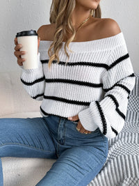 Women's striped off-shoulder sweater with long sleeves, front view

