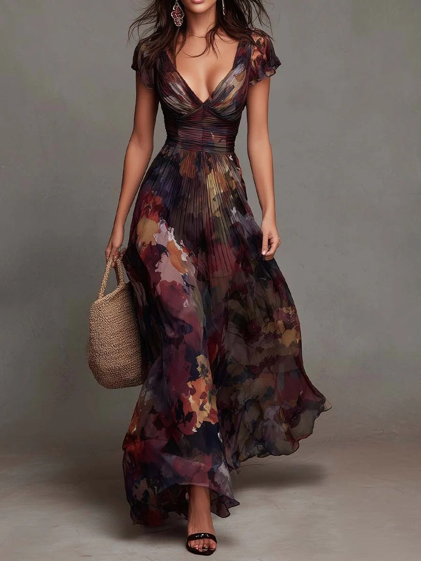 Elegant Deep V-Neck Painted Print Fitted Waist Flowy Chiffon Maxi Dress Hot Deal Warehouse