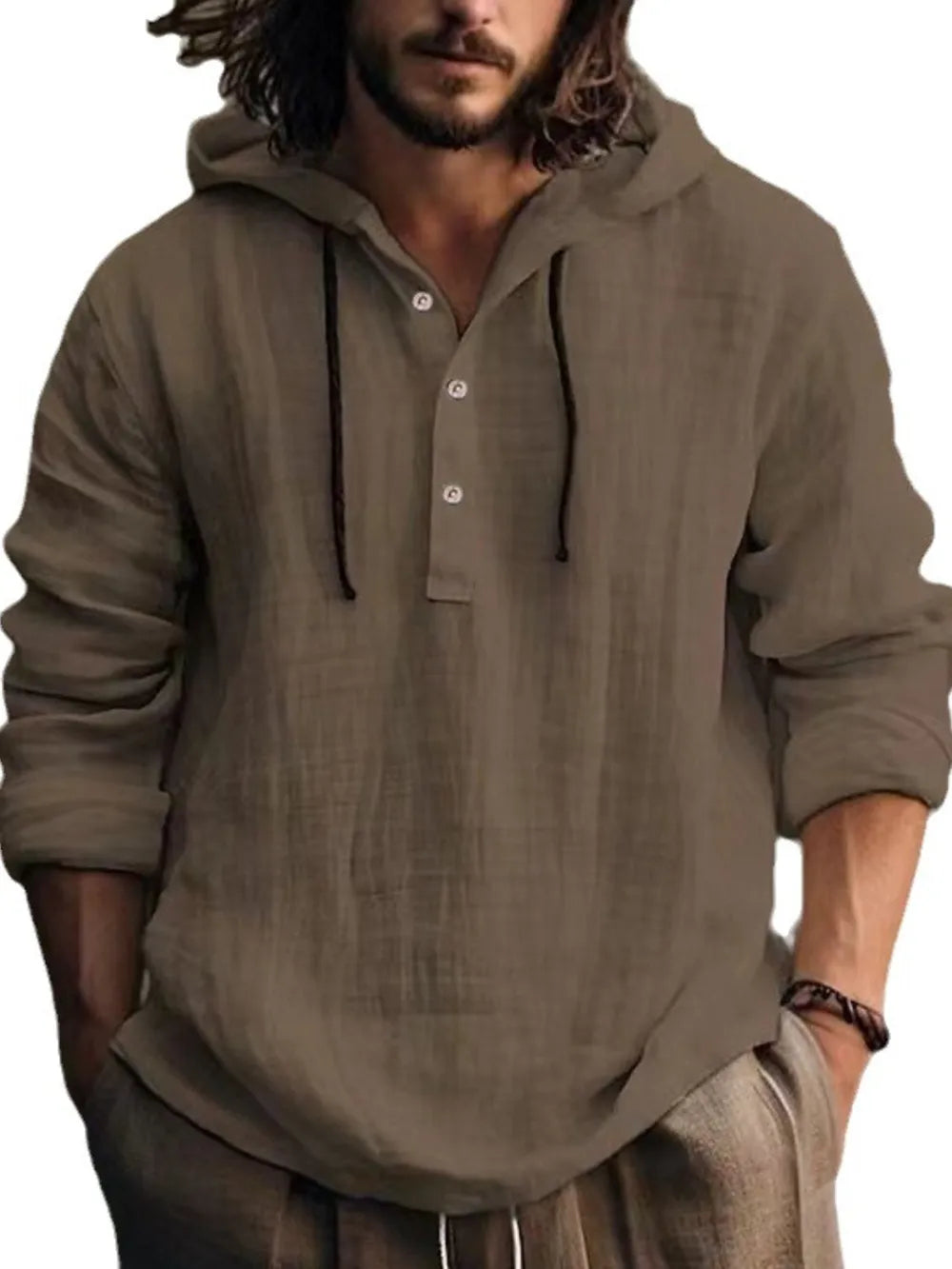 Men’s full size half-button hoodie with long sleeves, front view

