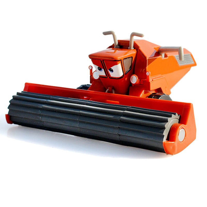 Alloy toy set featuring a racing car, harvester, and an Uncle Cow figure, made of durable metal with detailed paintwork and movable parts, designed for children ages 3 and up