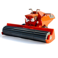 Alloy toy set featuring a racing car, harvester, and an Uncle Cow figure, made of durable metal with detailed paintwork and movable parts, designed for children ages 3 and up