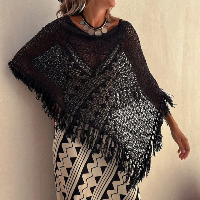 Bohemian Bat Sleeve Tassel Knit Hoodie Cape for Women – Oversized Pullover Sweater

