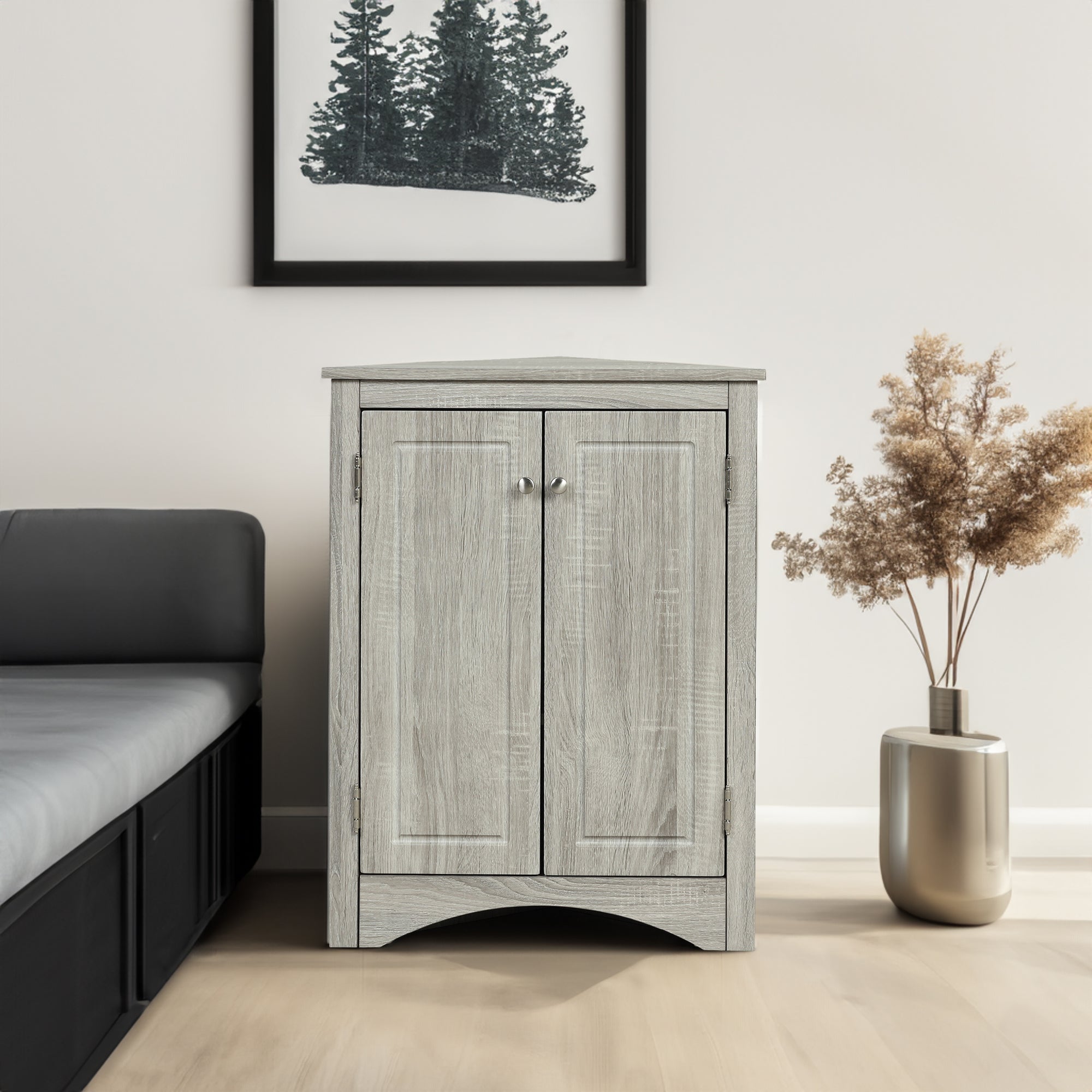 Oak triangle bathroom storage cabinet with a stylish, space-saving design, featuring multiple shelves for organizing toiletries, towels, and other bathroom essentials. Crafted from durable oak wood, this elegant cabinet adds both functionality and natural charm to any bathroom