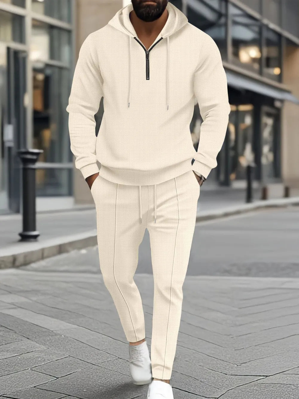 Men’s Full Size Waffle-Knit Hoodie and Jogger Pants Set – Casual Lounge Tracksuit

