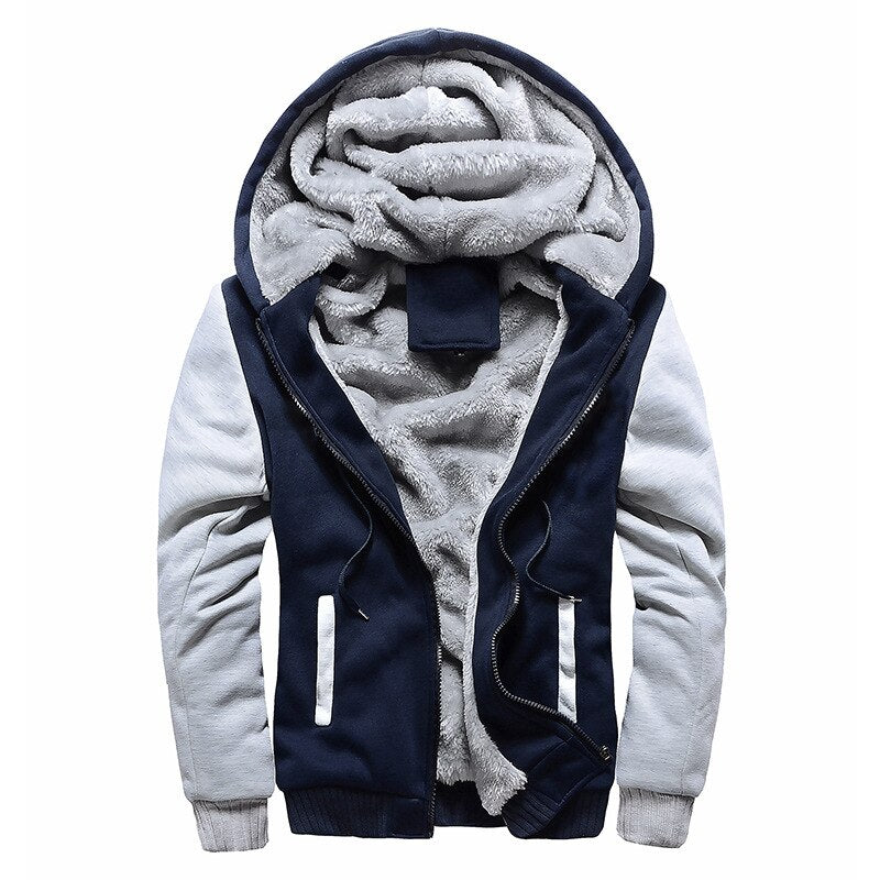Men's winter hooded jacket with thick velvet lining, front view

