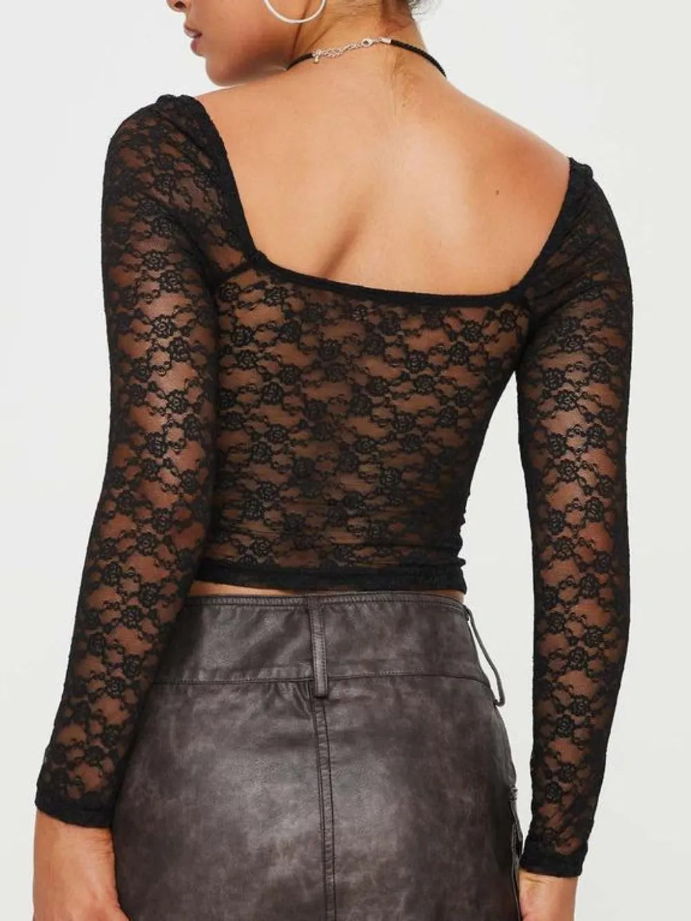 Front view of women’s lace sweetheart neck long sleeve t-shirt with fitted silhouette