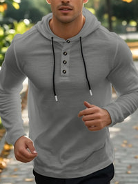 Men’s plus size hoodie with button detail and drawstring hood in long sleeve design.

