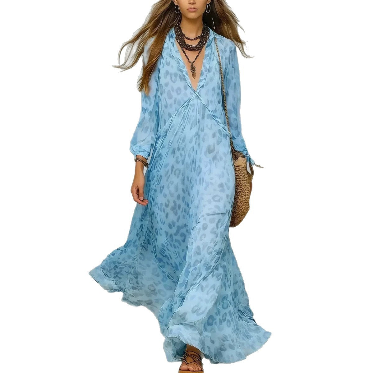 Leopard Print Chiffon Long Dress Deep V-Neck Three-Quarter Sleeve Flared Beach Vacation Dress Hot Deal Warehouse