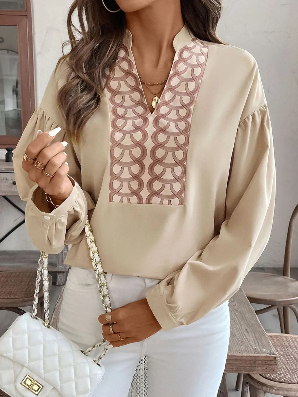Perfee printed notched blouse with long sleeves, front view

