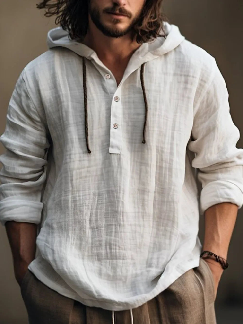 Men’s full size half-button hoodie with long sleeves, front view

