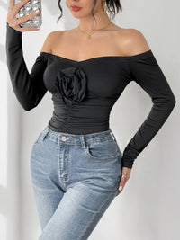 “Floral Ruched Off Shoulder Bodysuit for Women – women’s trendy off-shoulder bodysuit with floral print and ruched details – Hot Deal Warehouse fashion”

