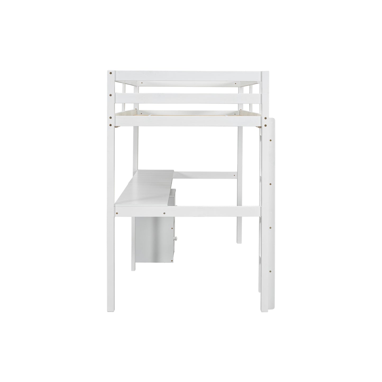Full view of white twin loft bed with built-in desk and drawers underneath

