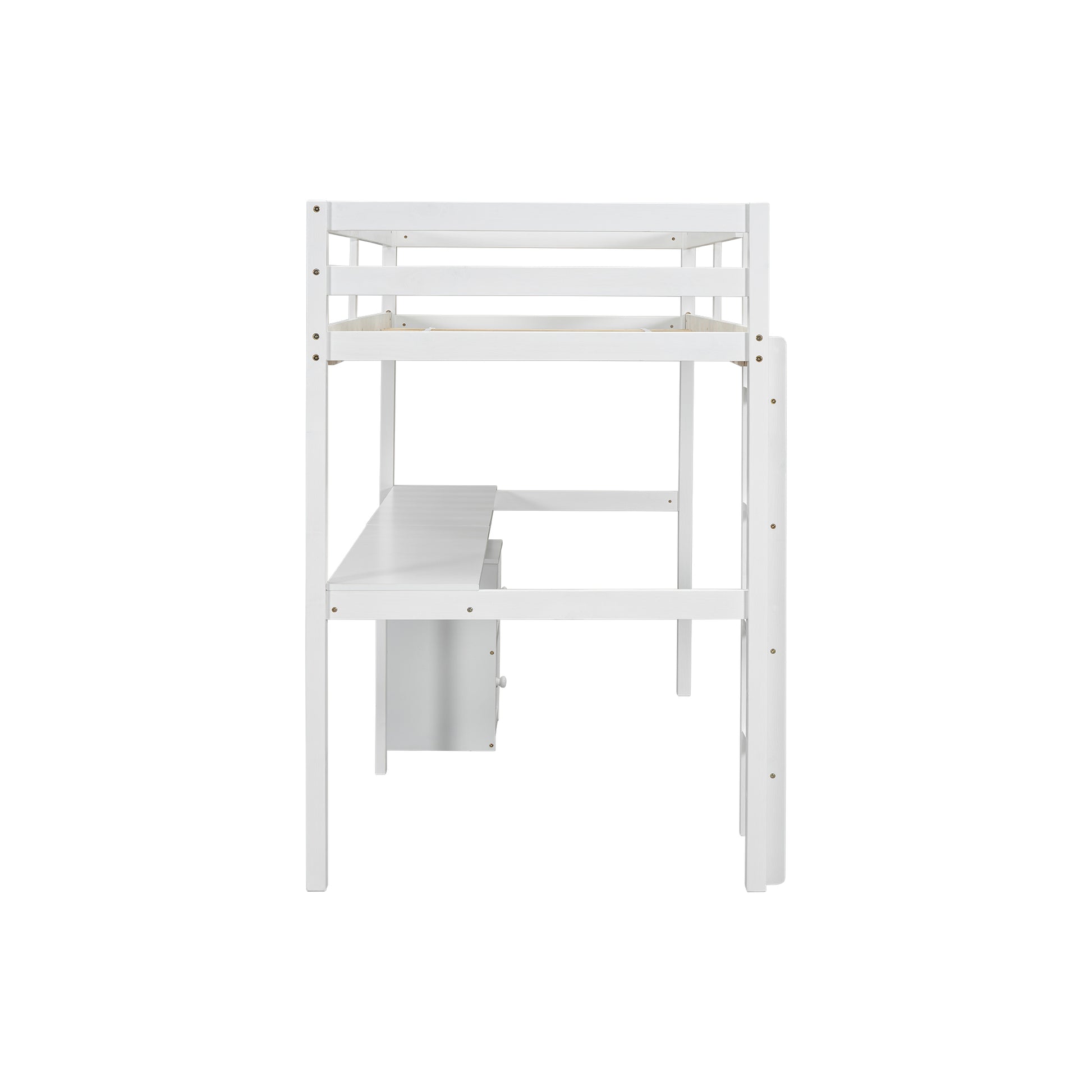 Full view of white twin loft bed with built-in desk and drawers underneath

