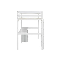 Full view of white twin loft bed with built-in desk and drawers underneath

