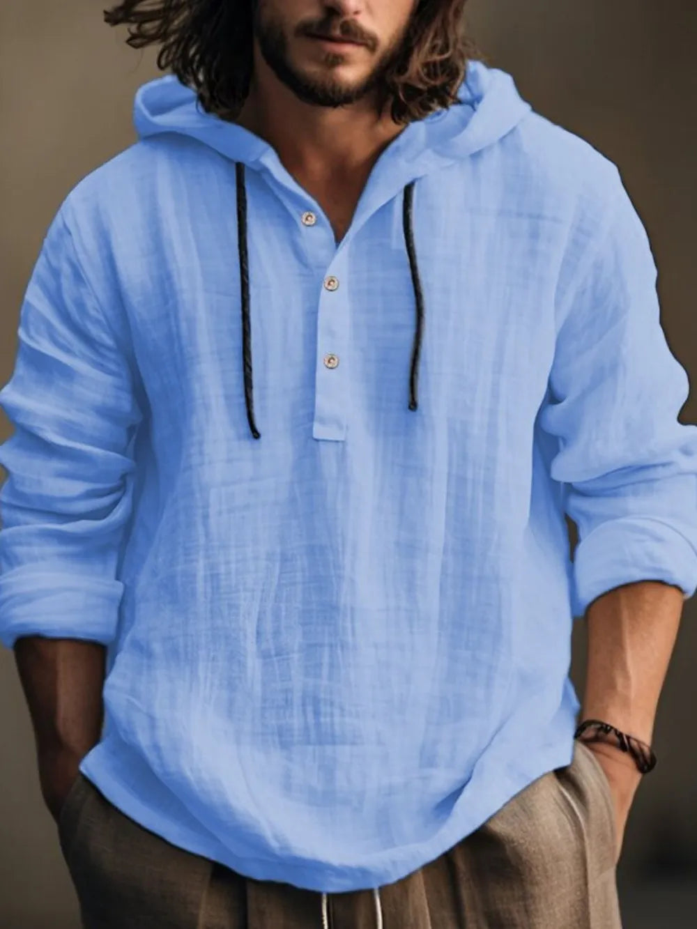 Men’s full size half-button hoodie with long sleeves, front view

