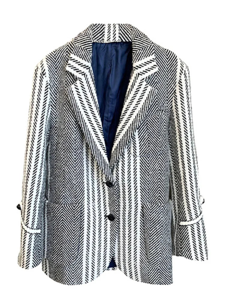 Vintage Striped Weave Woolen Blazer Coat for Women, Autumn Winter Casual Suit Jacket








