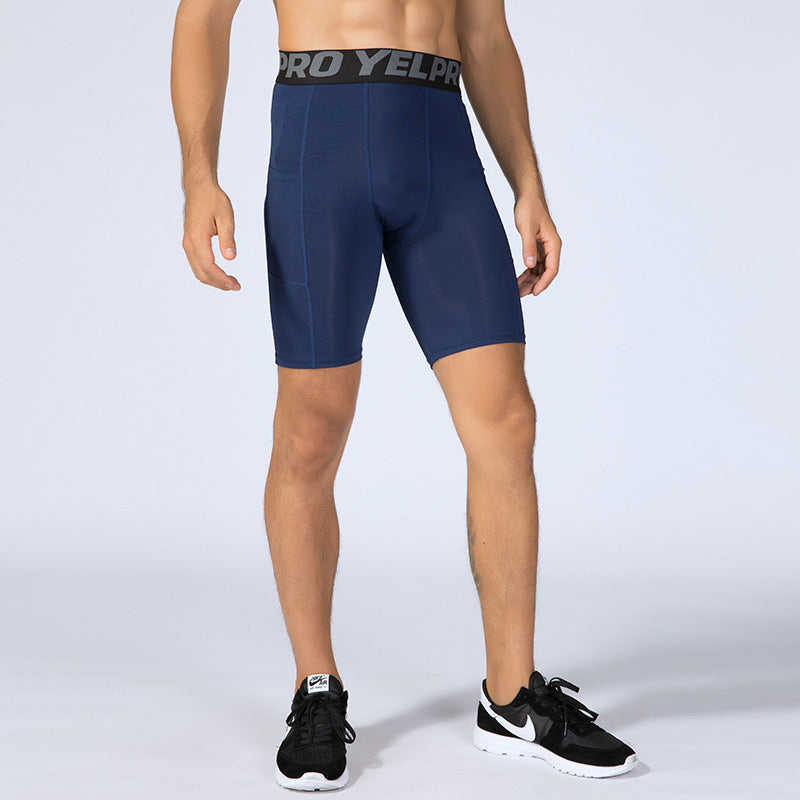 Men’s black PRO gym shorts with built-in compression tights, side pockets, and sweat-wicking fabric

