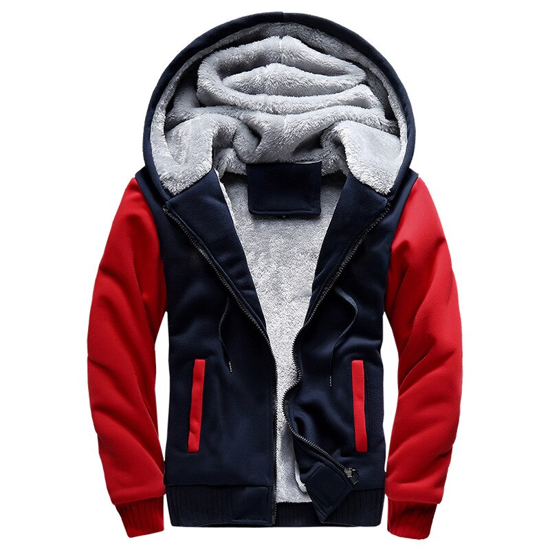 Men's winter hooded jacket with thick velvet lining, front view

