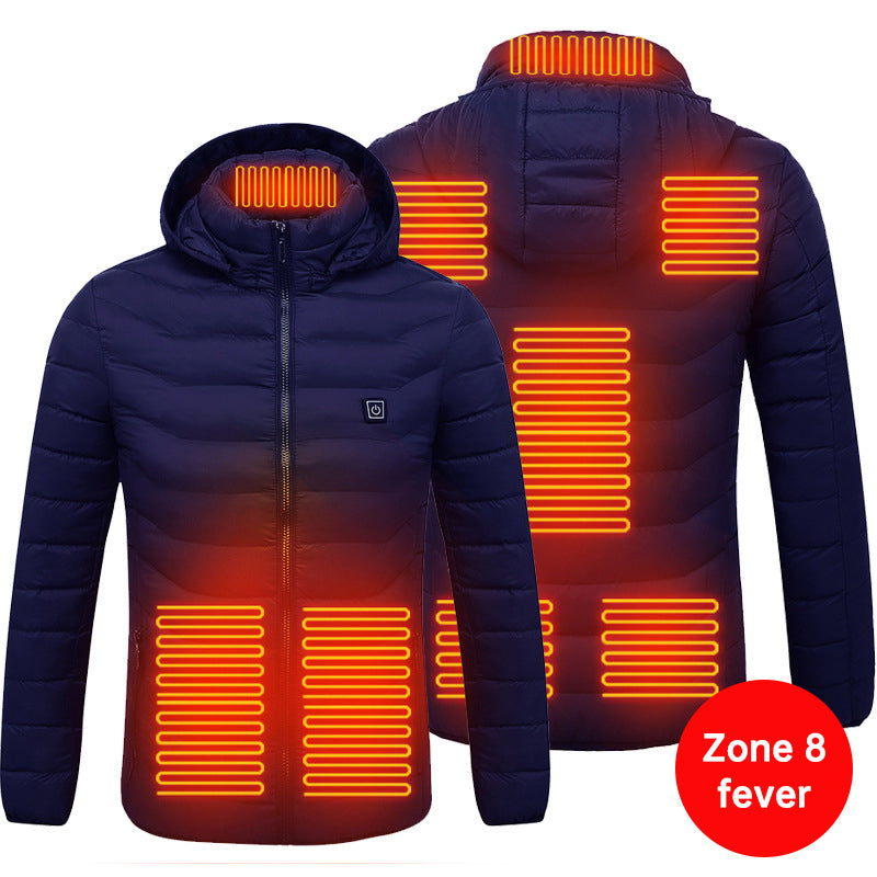 Men's and women's USB heated jacket with hoodie, front view


