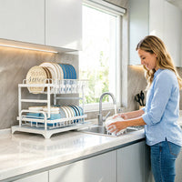 2-Tier Large Capacity Dish Drying Rack, Rustproof Carbon Steel Kitchen Sink Drainer with Cutting Board & Utensil Holder Hot Deal Warehouse