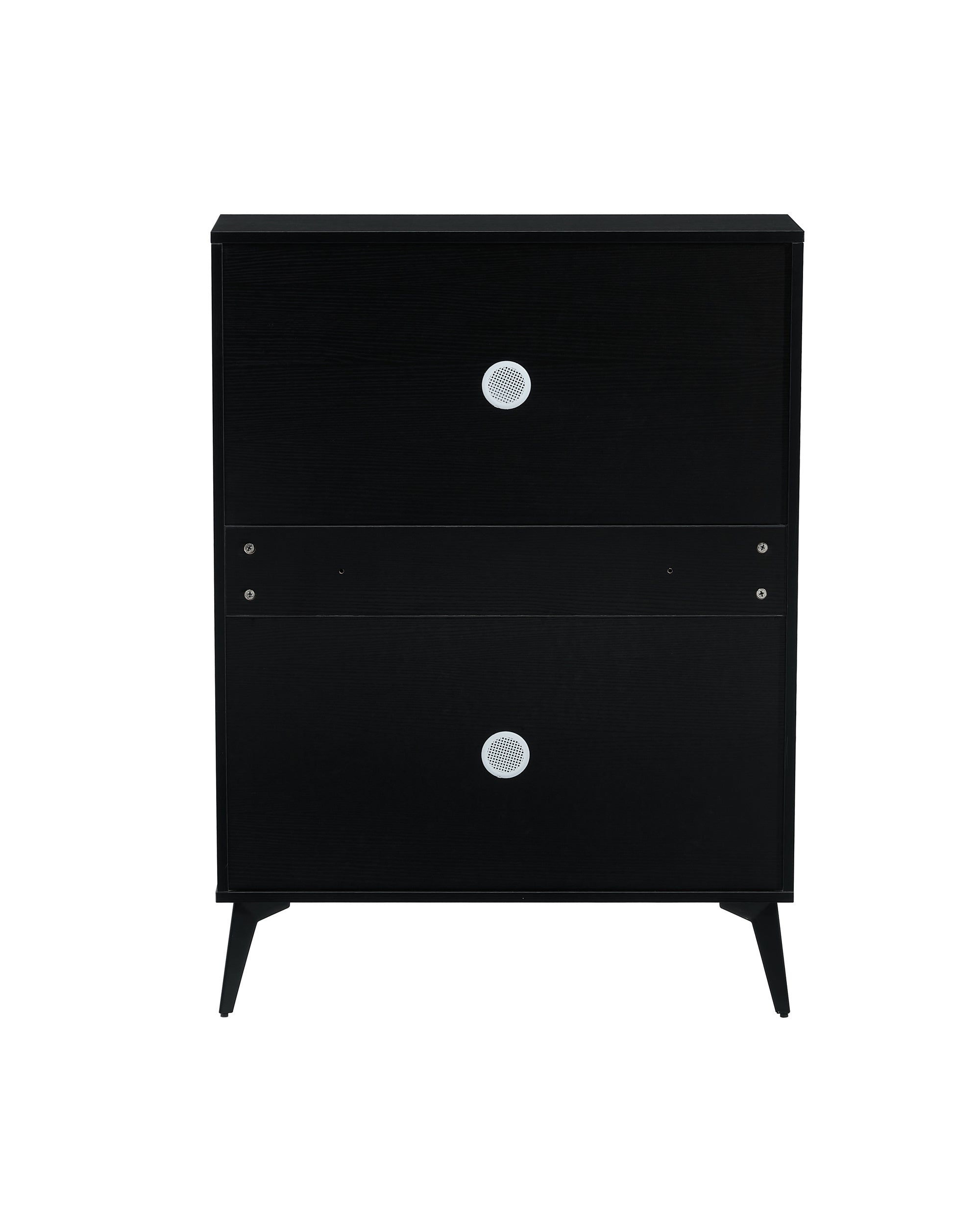 Black shoe cabinet with open shelves for footwear storage