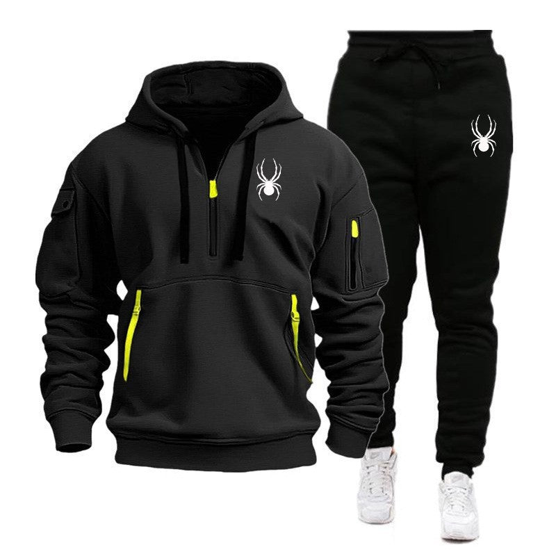 Men's sports hoodie set with printed hoodie and matching pants, front view

