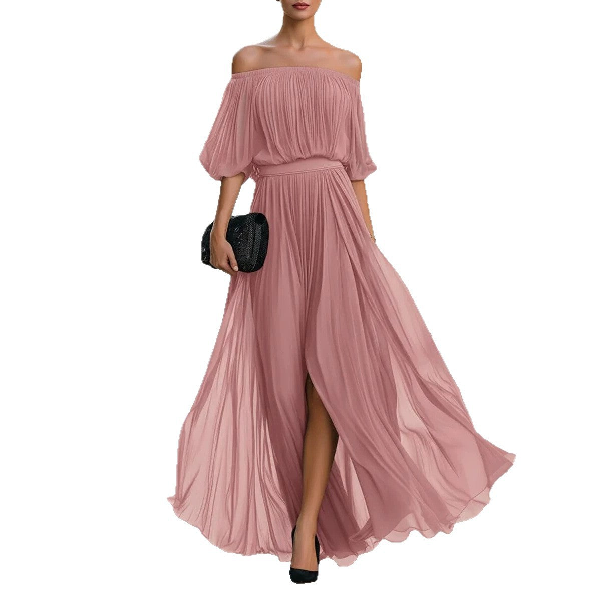 New Black Chiffon Maxi Dress with Split, One-Shoulder Design, Flowing and Draping Skirt