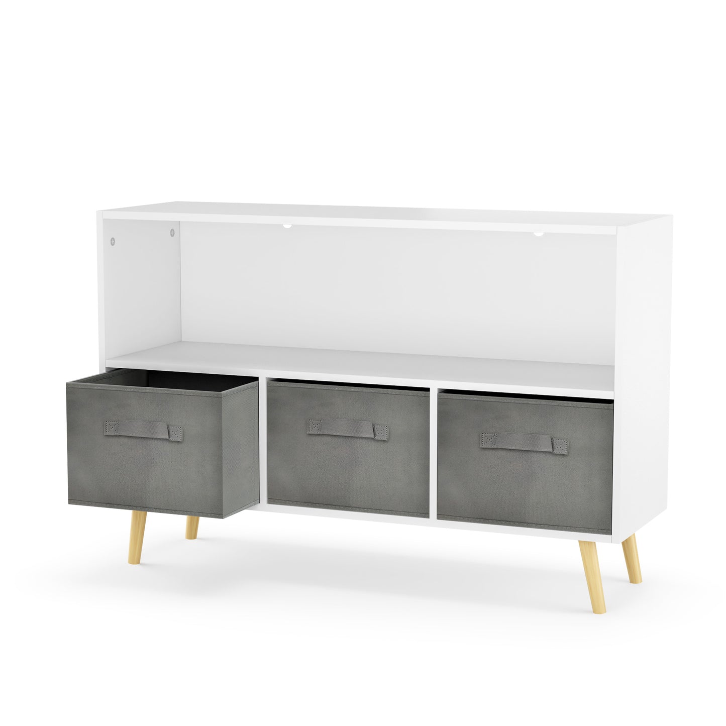 White kids bookcase with gray fabric drawers and books displayed