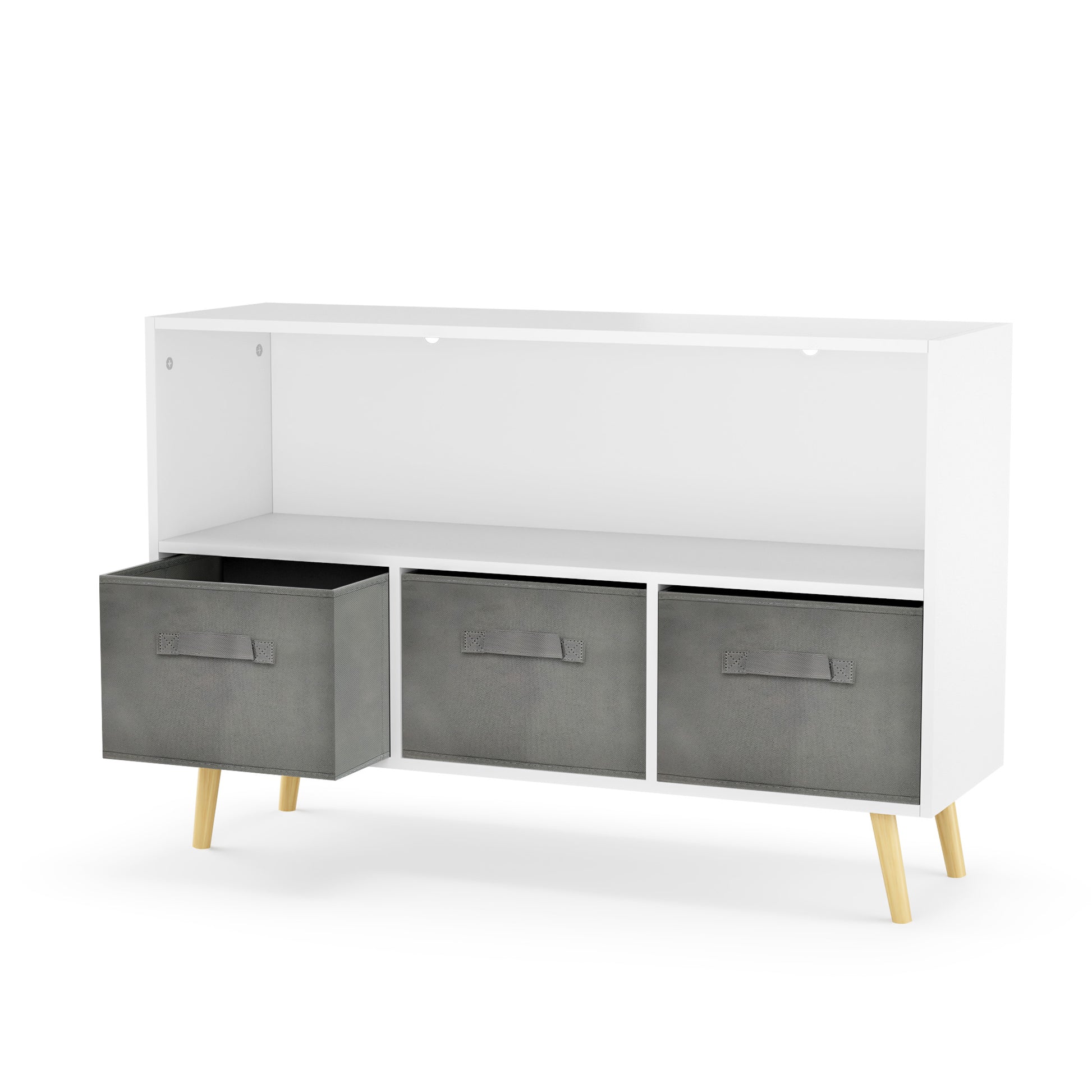White kids bookcase with gray fabric drawers and books displayed