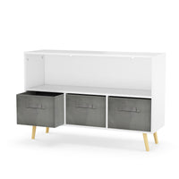 White kids bookcase with gray fabric drawers and books displayed