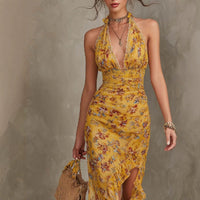 French Vintage Yellow Floral Halter Neck Dress Deep V Waist-Cinching Split Ruffle Slimming Elegant Dress Hot Deal Warehouse