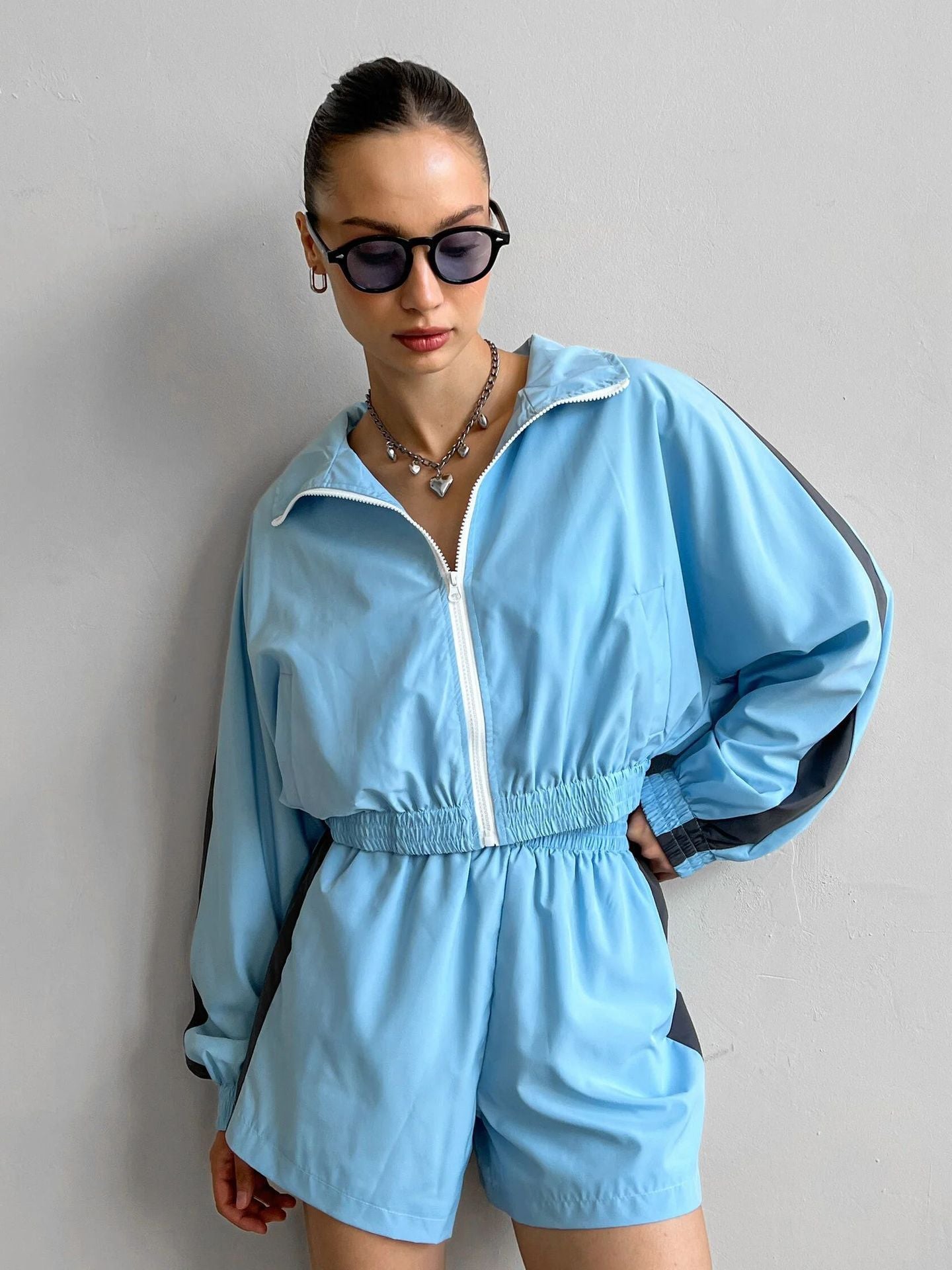 Zippered Long Sleeved Top and Sports Shorts Set Hot Deal Warehouse