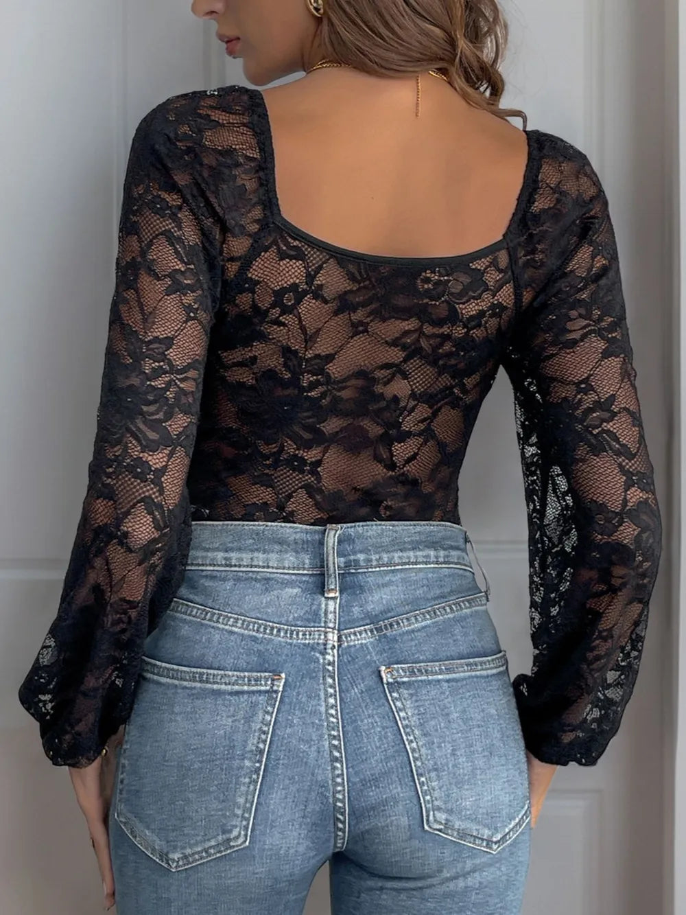 Perfee Lace V-Neck Long Sleeve Bodysuit – Women’s Elegant Sheer Lace Bodysuit

