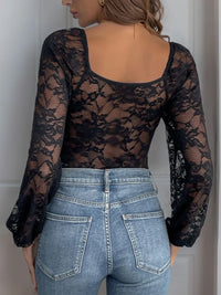 Perfee Lace V-Neck Long Sleeve Bodysuit – Women’s Elegant Sheer Lace Bodysuit

