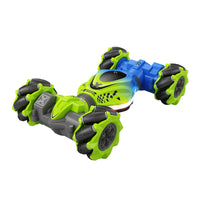 Gesture-controlled RC transforming stunt car with watch remote and double-sided climbing action.








