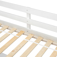 Full view of white twin loft bed with built-in desk and drawers underneath

