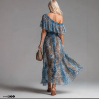 Leopard Print Chiffon Dress with Asymmetrical Shoulder, Ruffle, Waist Cinching, Vacation Long Dress Hot Deal Warehouse
