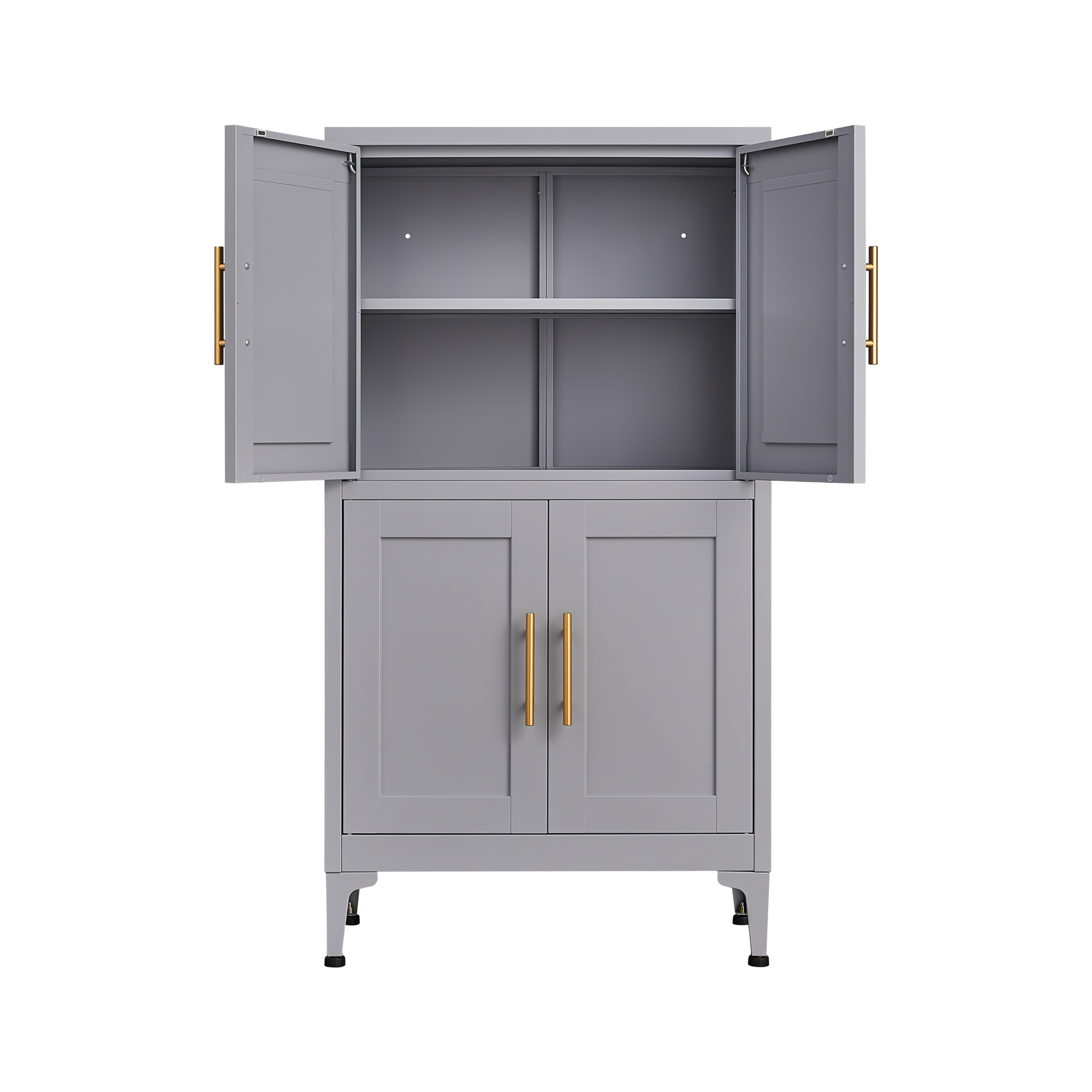 Grey metal kitchen storage cabinet with door and adjustable shelf in a modern kitchen